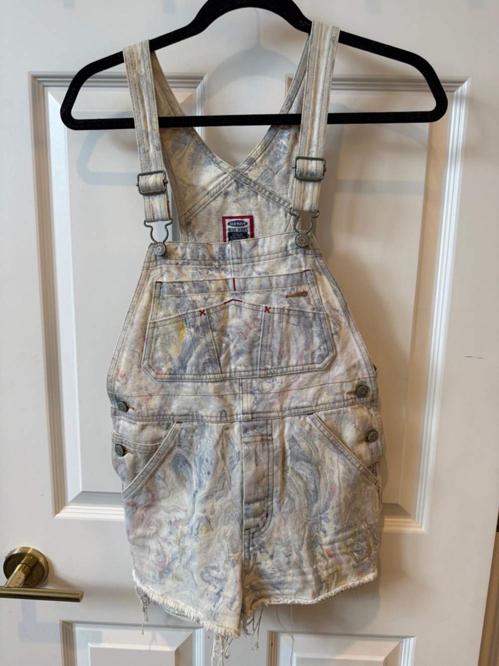 Vintage Old Navy Cream Tie-Dye Denim Short Overalls with Subtle Pastel Accents